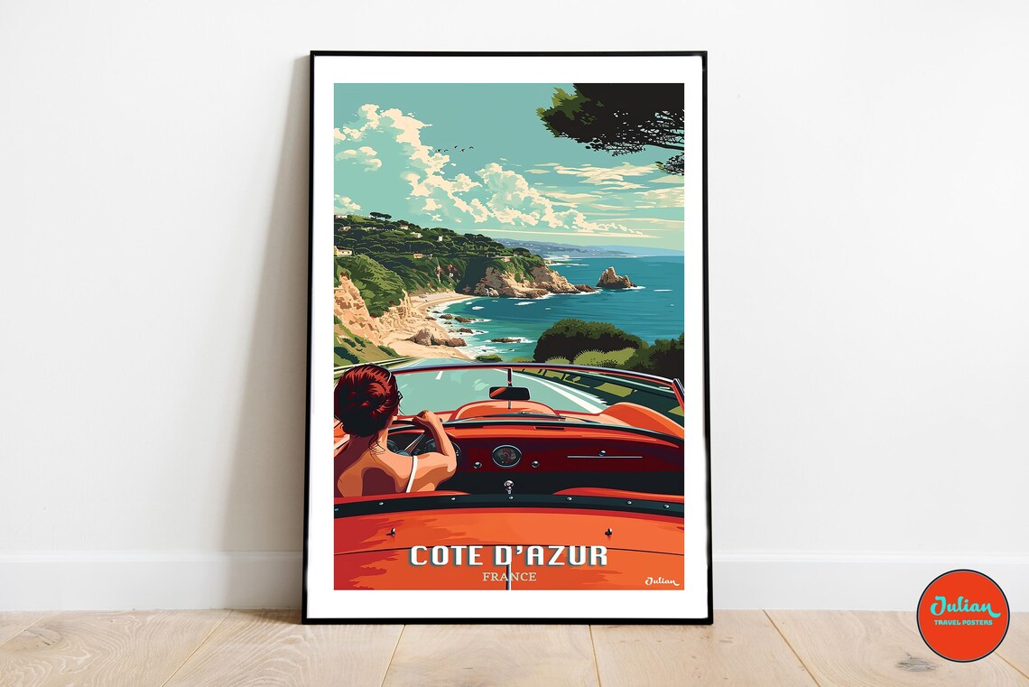 Cote d'Azur France Coastal Drive Red Convertible Travel Poster
