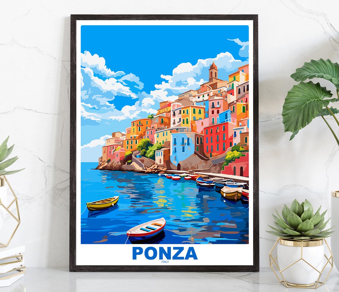 Ponza Italy Colorful Cliffside Village Harbor Boats Travel Poster