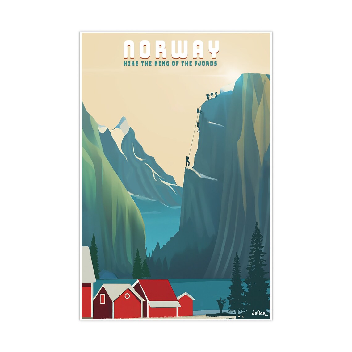Norway King of the Fjords Climbers Cliff Retro Style Travel Poster