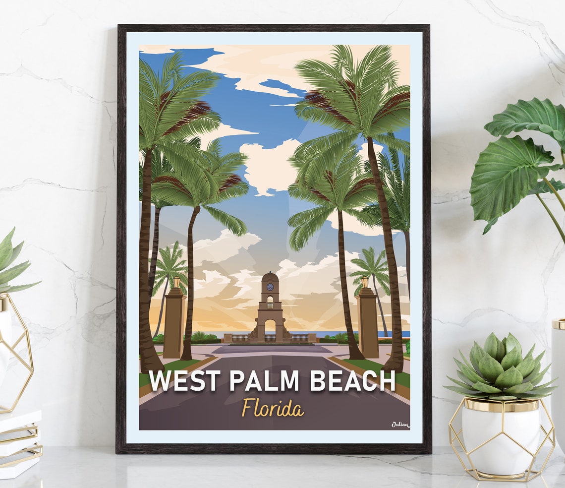 West Palm Beach Clock Tower Palm Avenue Florida Travel Poster