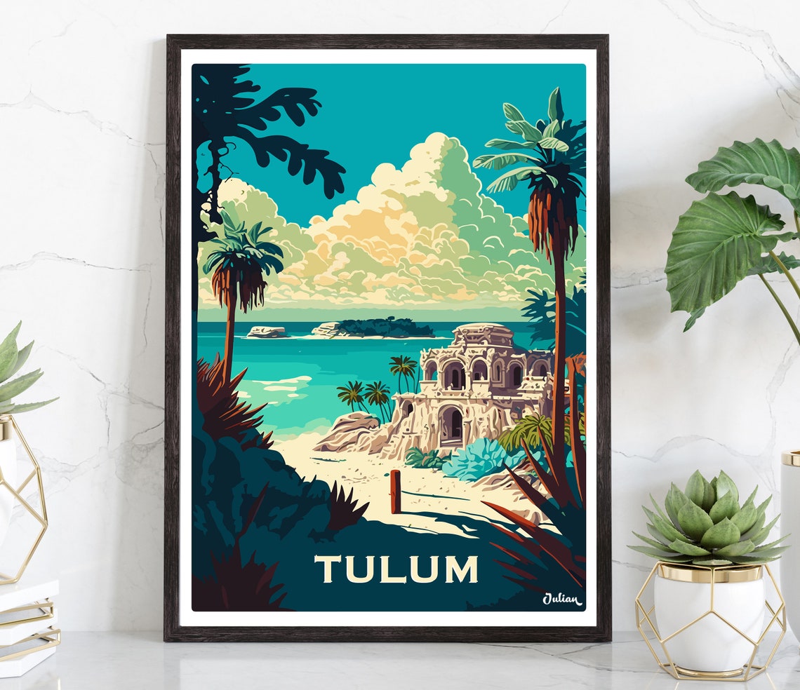 Tulum Mexico Mayan Ruins on Cliff Beach Palm Cove Travel Poster