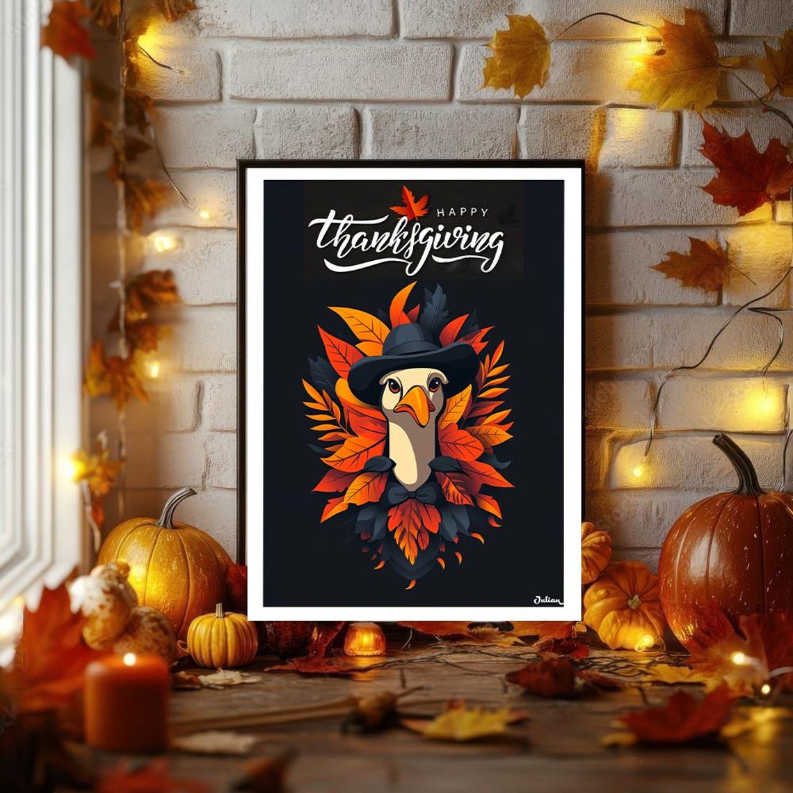 Happy Thanksgiving Turkey in Pilgrim Hat Among Fall Leaves Poster - Image 2
