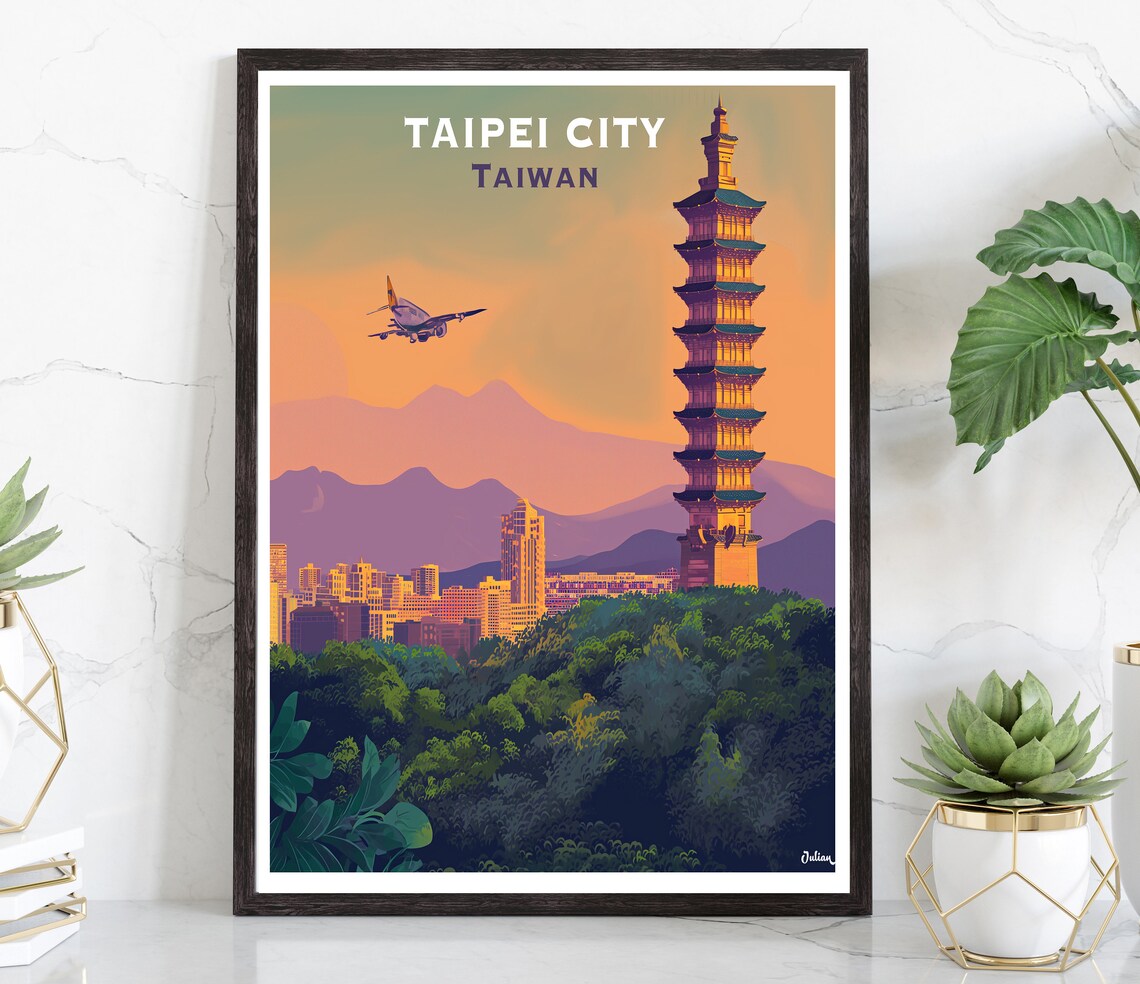 Taipei City Taiwan Golden Pagoda Tower Sunset Skyline Travel Poster