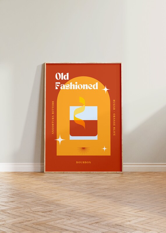 Old Fashioned Retro Cocktail Poster, Bourbon Bar Decor