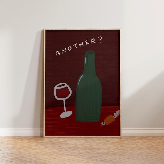 Another Wine Bottle Glass Quote Hand Drawn Minimal Bar Art Poster