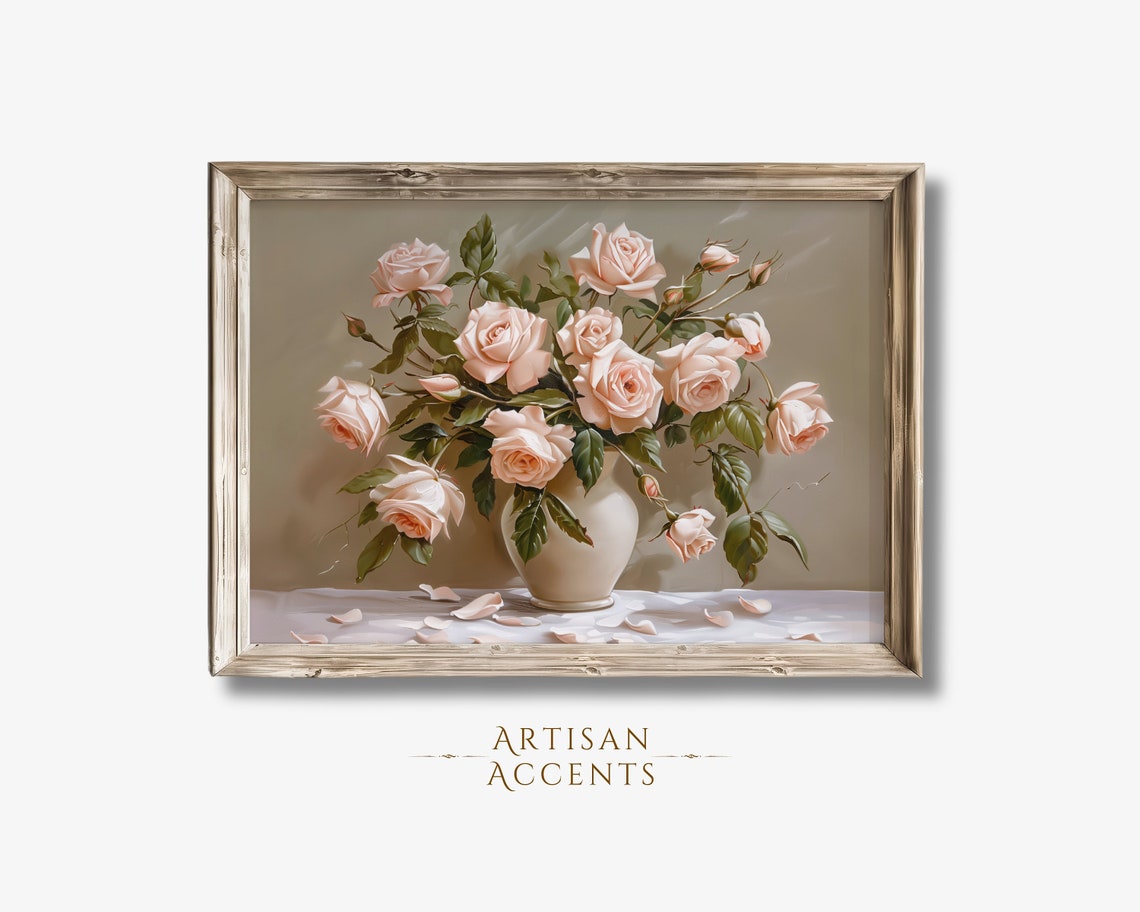 Blush Pink Roses White Vase Romantic Floral Still Life Art Print - Image 3
