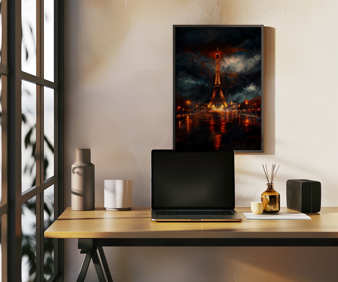 Eiffel Tower Paris Rainy Night Golden Lights Reflection Travel Poster - Image 3