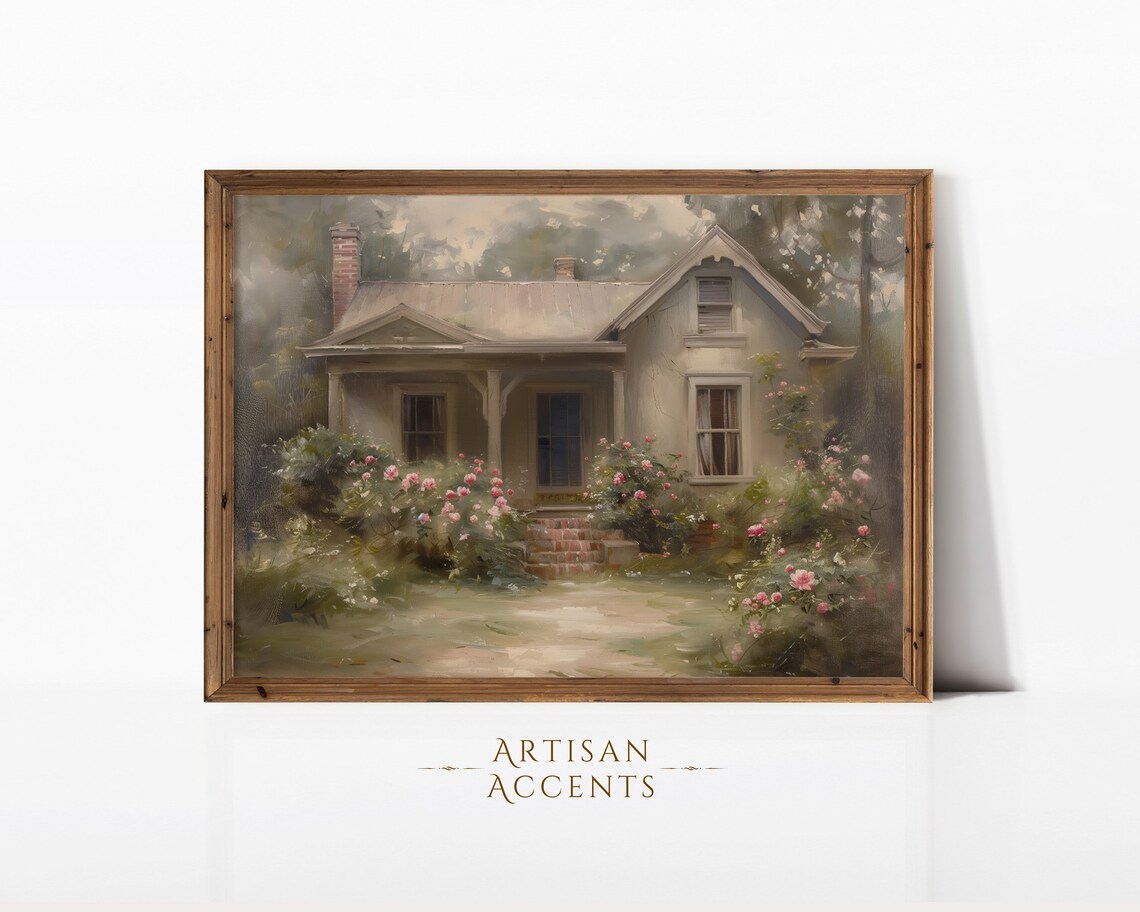 Charming Cottage With Pink Roses Vintage Garden Oil Painting Print
