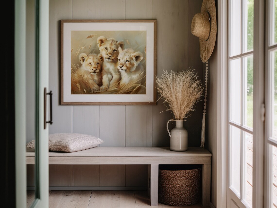 Three Lion Cubs In Golden Grass Safari Wildlife Oil Painting Print - Image 5