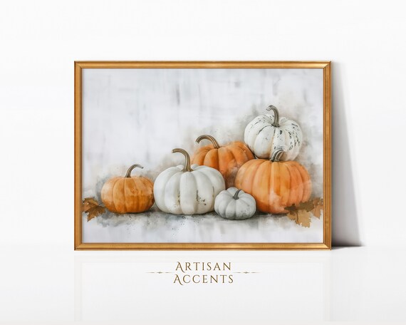 Autumn Pumpkins Harvest Cluster Watercolor Still Life Wall Art