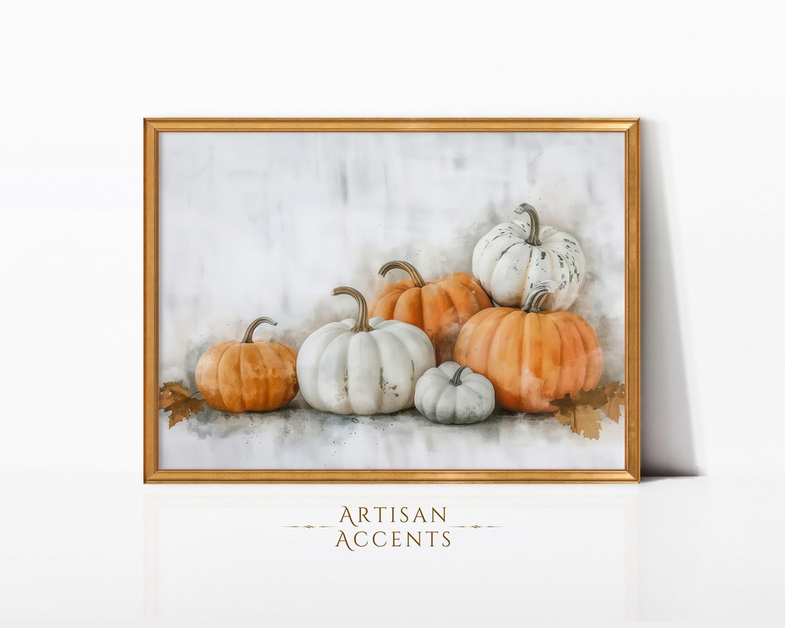 Autumn Pumpkins Harvest Cluster Watercolor Still Life Wall Art