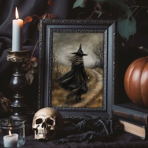 Witch Misty Autumn Path Halloween Gothic Dark Academia Oil Painting Poster