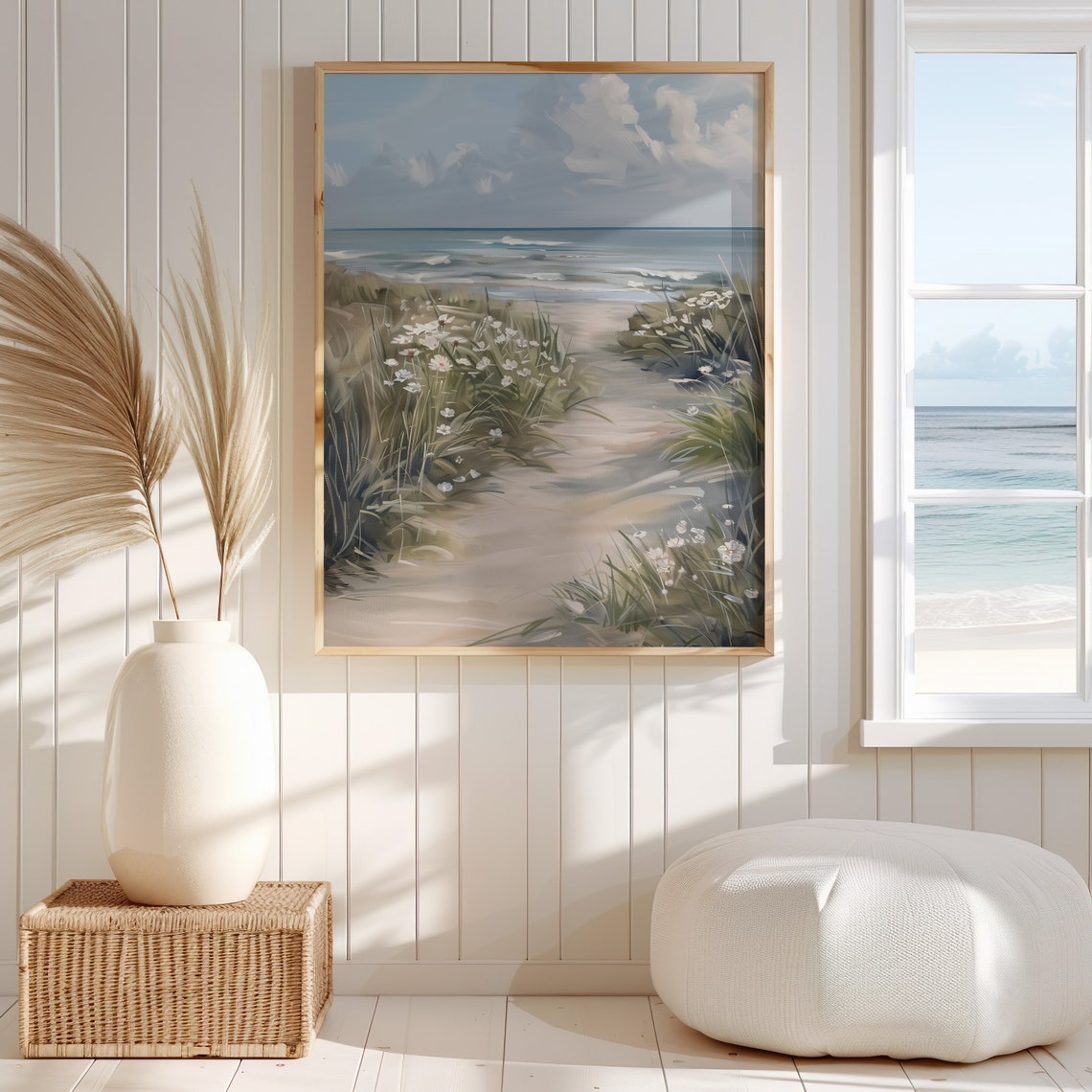 Sandy Beach Path Dune Grass White Wildflowers Ocean View Art Poster - Image 4