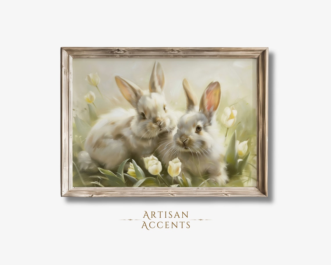 Two White Bunnies Among Tulips Spring Floral Oil Painting Wall Art