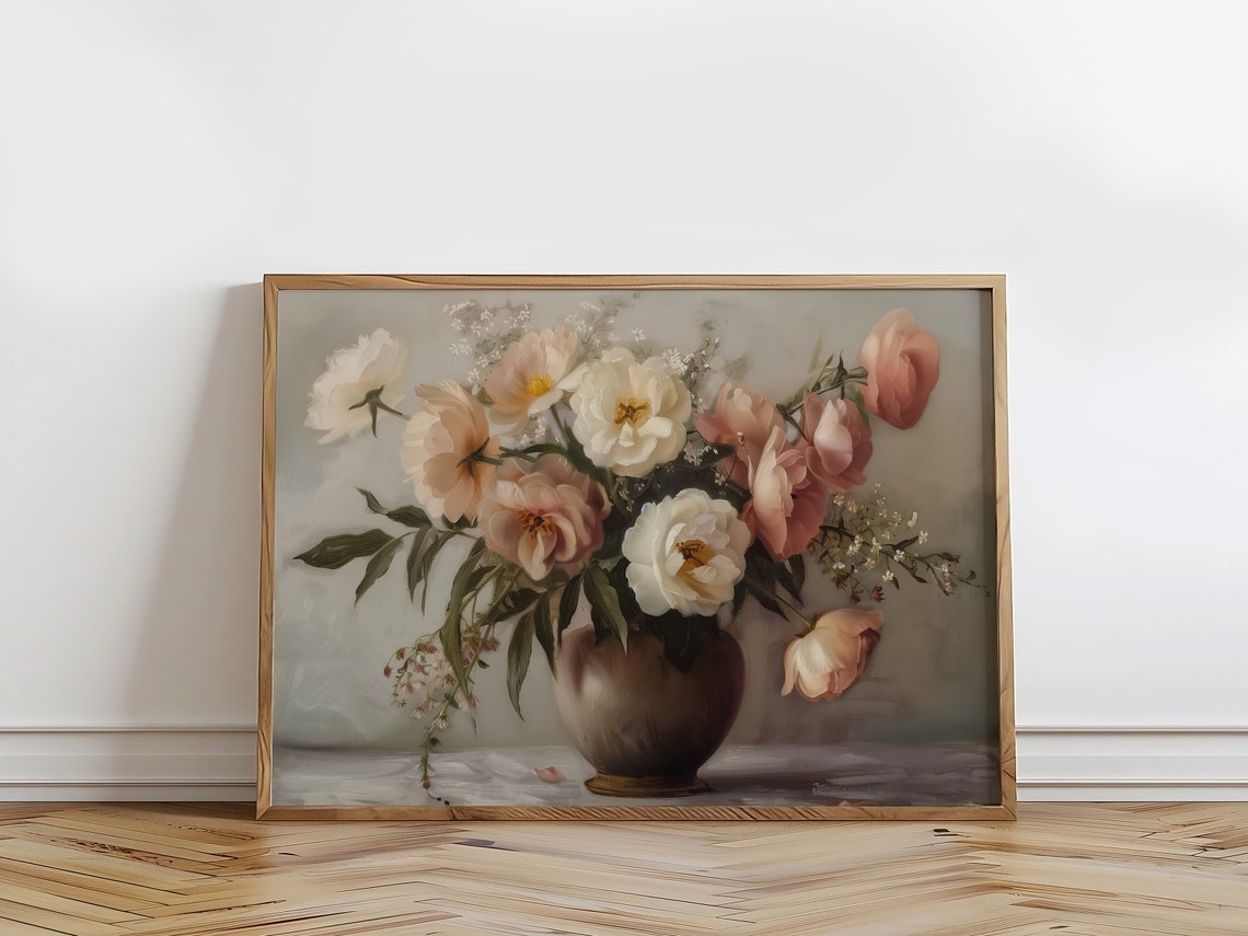 Blush Pink Peonies Bronze Vase Soft Romantic Floral Still Life Print - Image 3