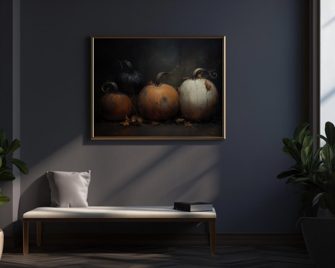Moody Black And Orange Pumpkins Dark Fall Still Life Oil Painting - Image 2