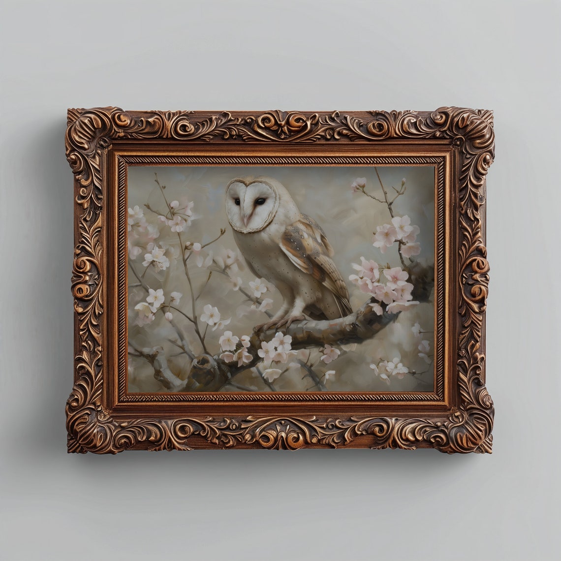 Barn Owl Cherry Blossom Branch Pink Spring Bird Wildlife Art Print - Image 2