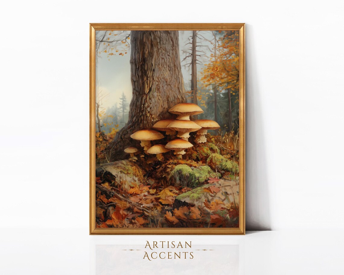 Autumn Mushrooms At Tree Base Forest Floor Oil Painting Art Print
