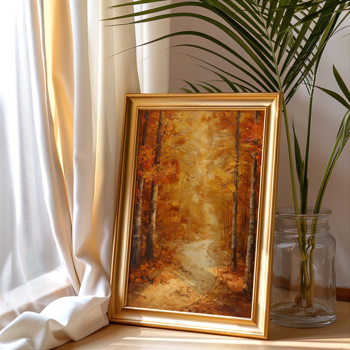 Orange Autumn Birch Forest Path Fall Foliage Oil Painting Wall Art - Image 2