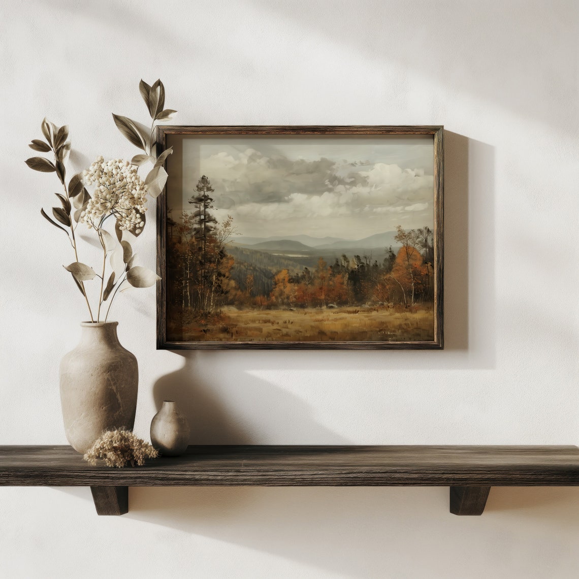 Golden Autumn Meadow Fall Trees Distant Mountains Landscape Art Print - Image 2