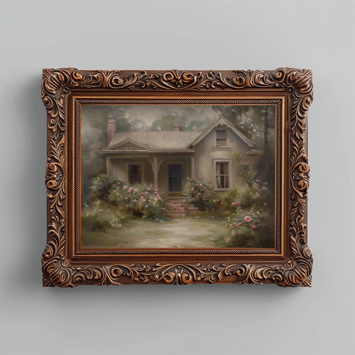 Charming Cottage With Pink Roses Vintage Garden Oil Painting Print - Image 3