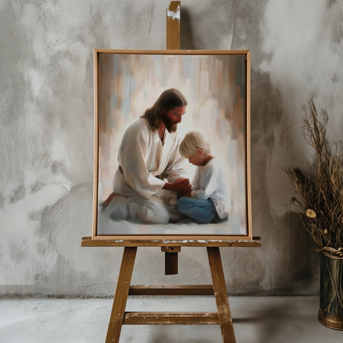 Jesus Holding Hands Praying Boy Soft Light Faith Christian Art Print - Image 2