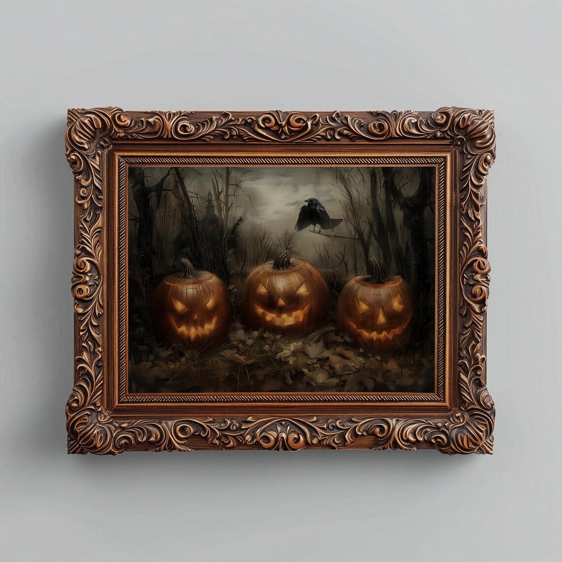Jack O Lanterns Dark Forest Crow Halloween Gothic Moody Oil Painting Poster - Image 4