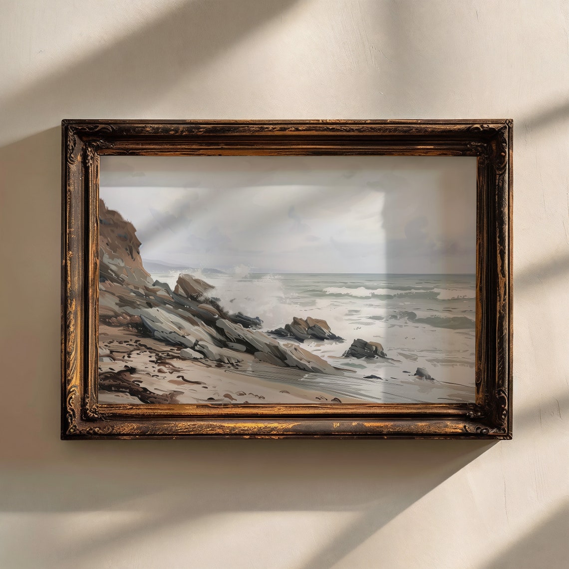 Rocky Shoreline Waves Breaking Moody Gray Coastal Painting Print - Image 4