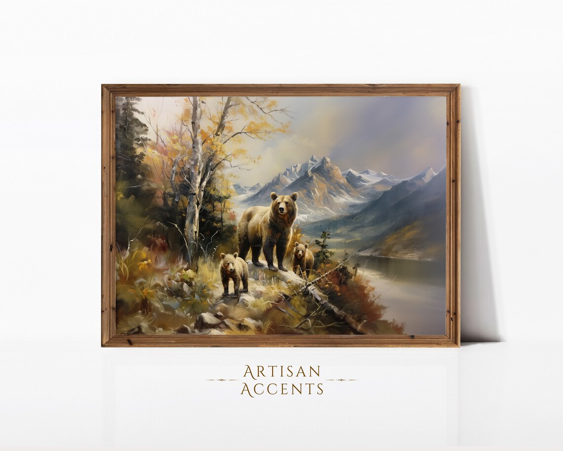 Mama Bear With Two Cubs Autumn Mountain Wilderness Painting Print