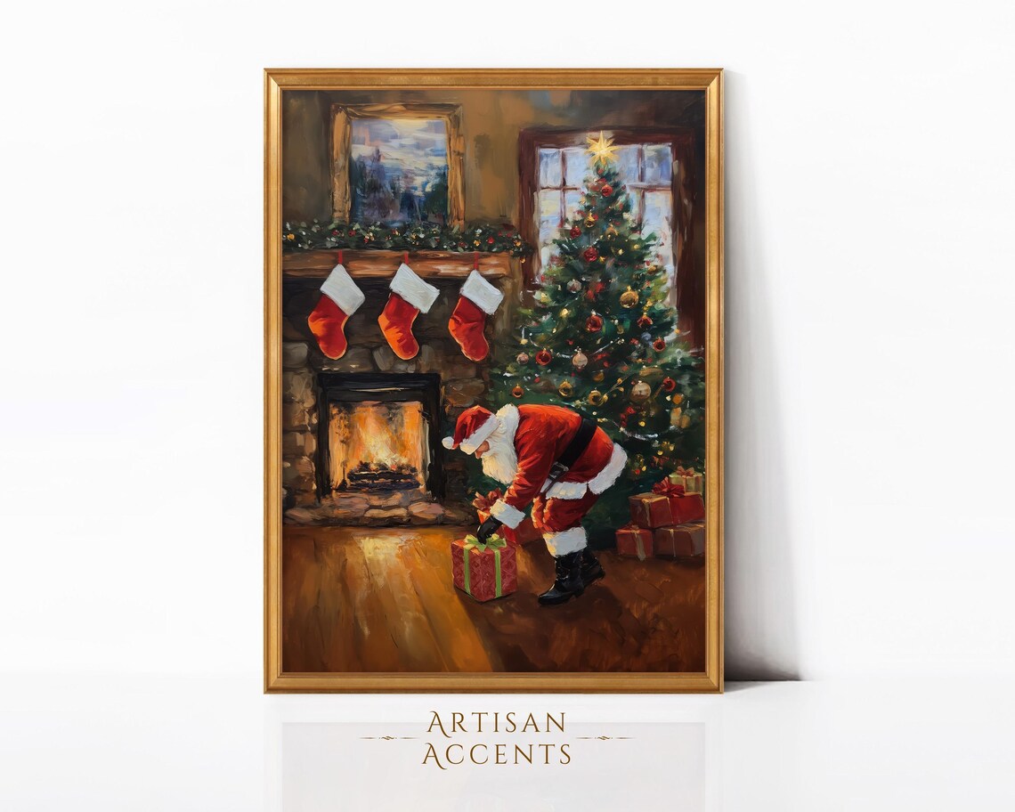 Santa Claus By The Fireplace Christmas Eve Vintage Holiday Art Print - Image 5