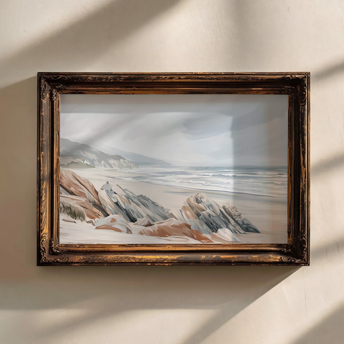 Rocky Cliff Beach With Crashing Waves Moody Coastal Painting Print - Image 4