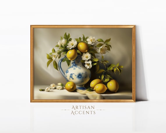 Lemons White Blossoms Blue White Porcelain Pitcher Still Life Art Print