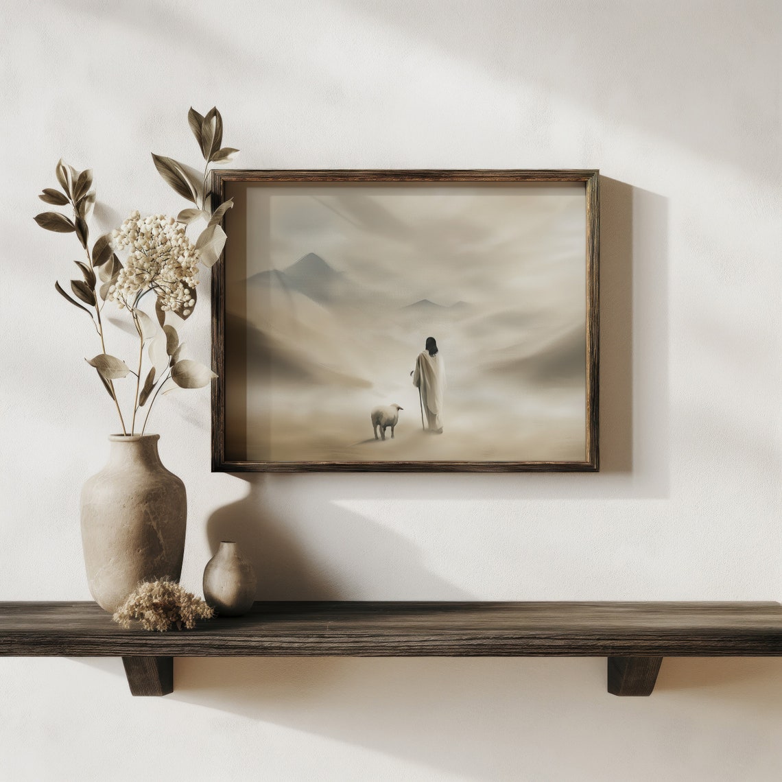 Shepherd With Lost Sheep Misty Mountains Christian Faith Art Print - Image 2