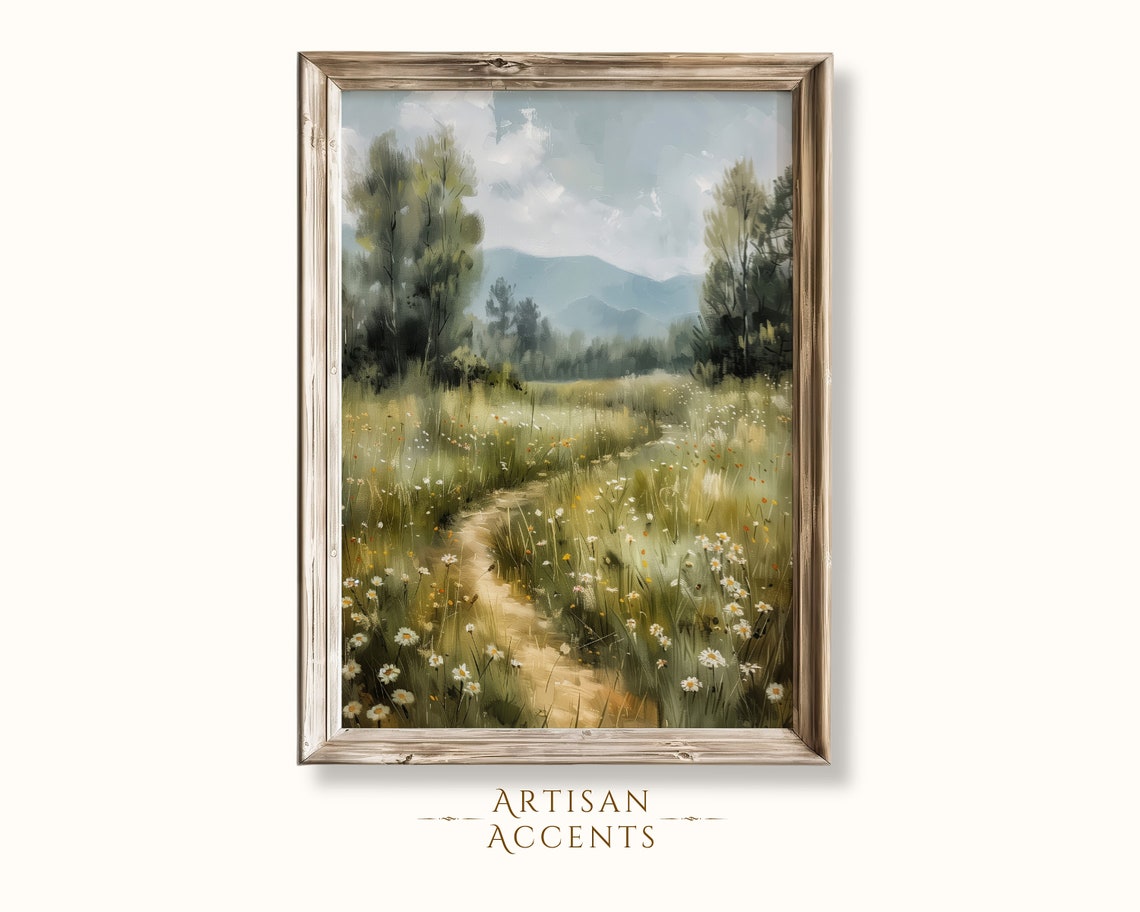 Wildflower Meadow Path Daisies Mountain View Spring Landscape Print