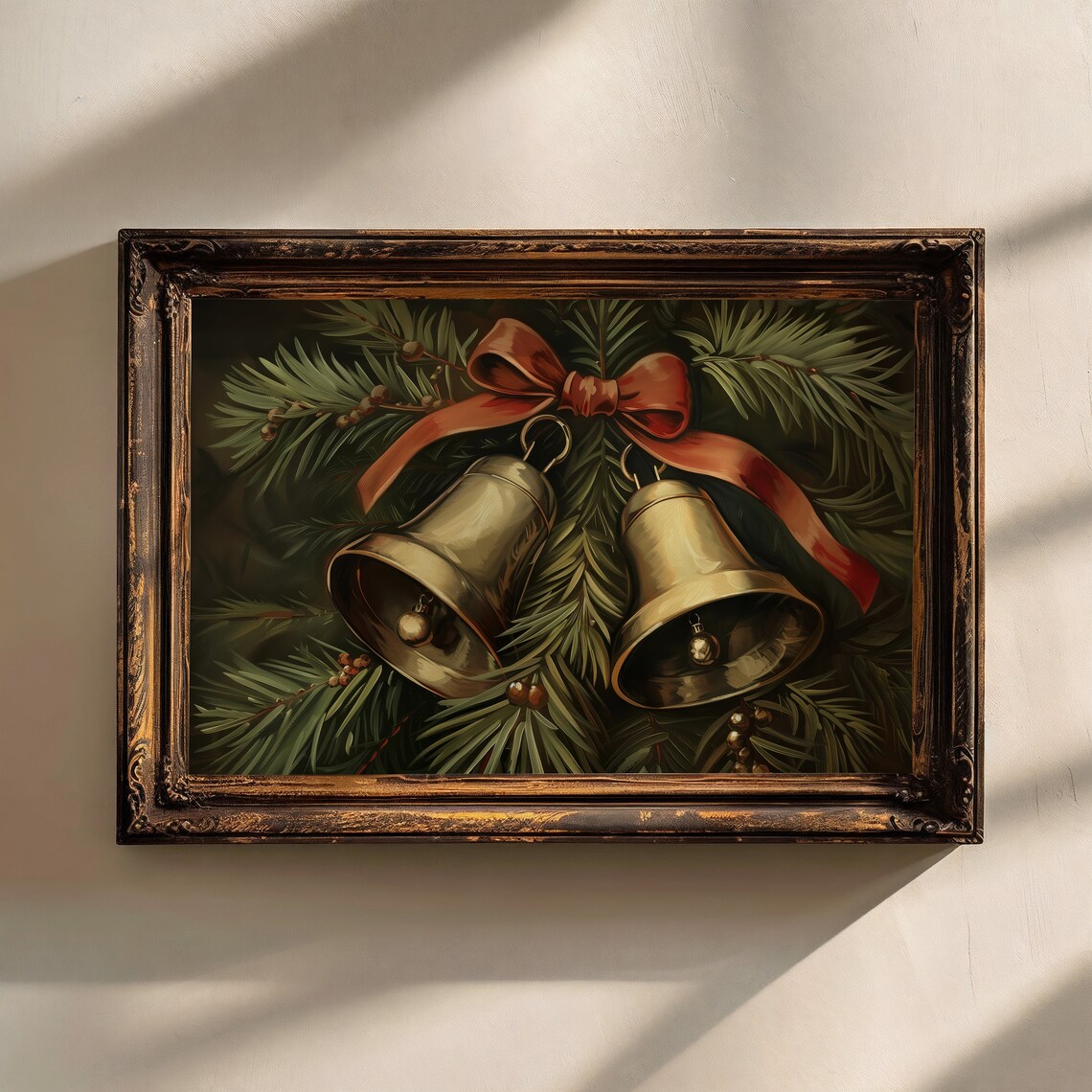 Golden Christmas Bells With Red Bow Pine Vintage Holiday Art Print - Image 2