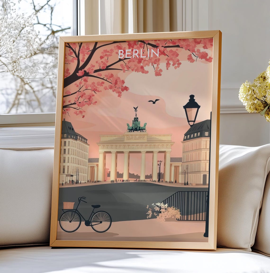 Berlin Brandenburg Gate Cherry Blossom Vintage Travel Art Poster