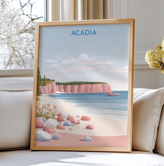 Acadia Coastal Cliffs Beach Sunset Scenic Seaside Travel Poster