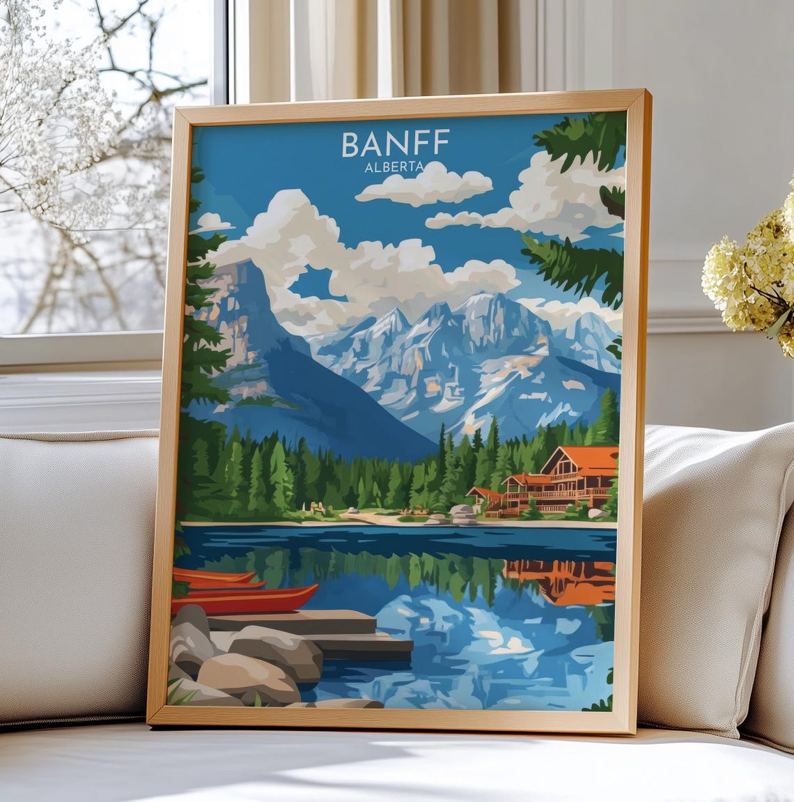 Banff Alberta Mountain Lake Red Canoes Lodge Vintage Travel Poster