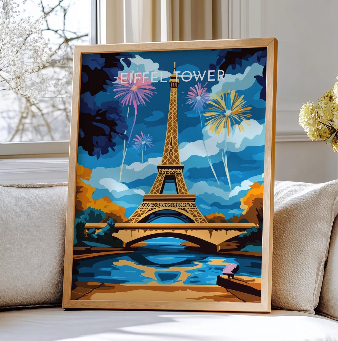 Eiffel Tower With Fireworks Over the Seine Paris Night Travel Poster