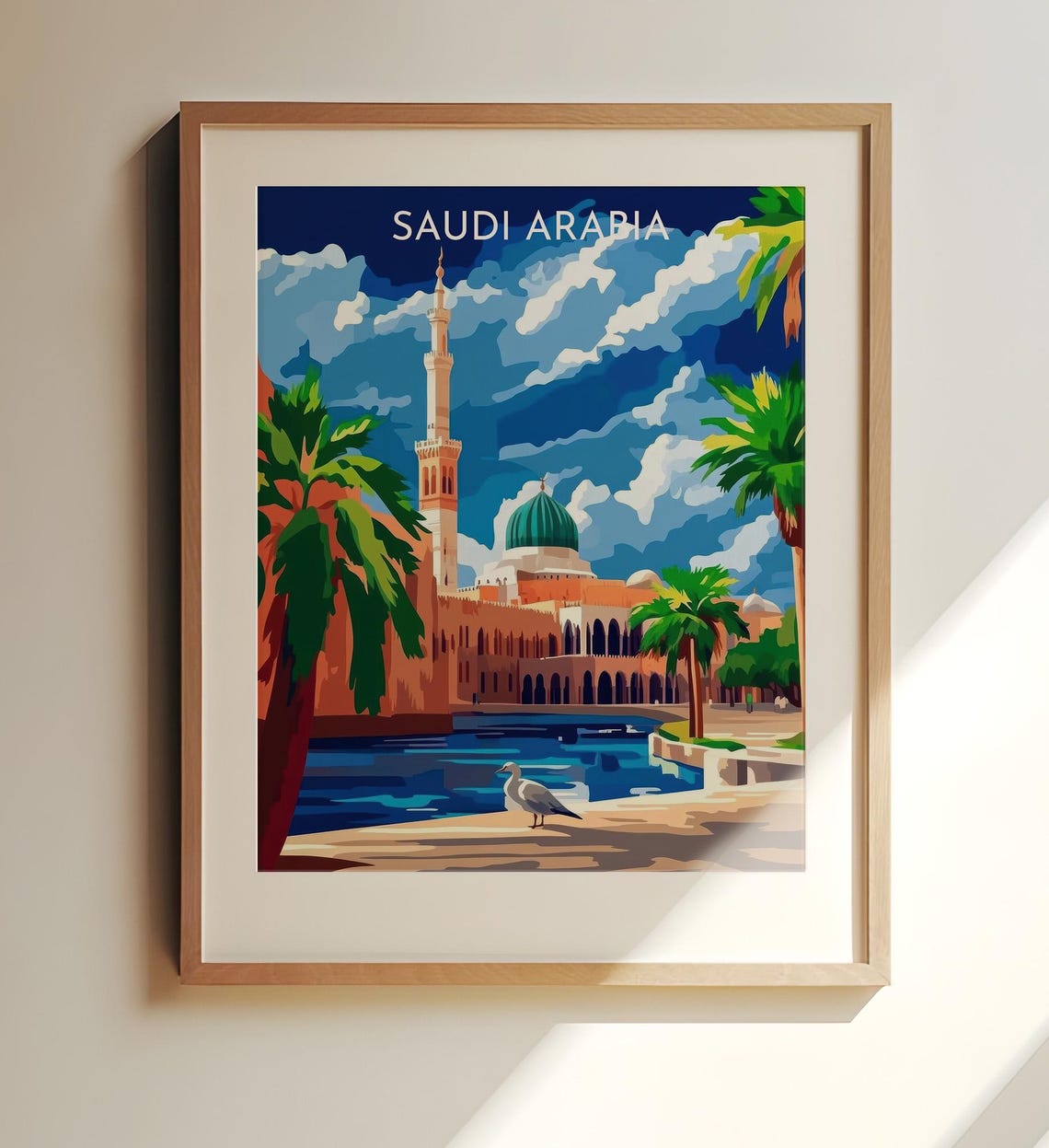 Saudi Arabia Mosque Palm Trees Scenic Waterfront Travel Poster
