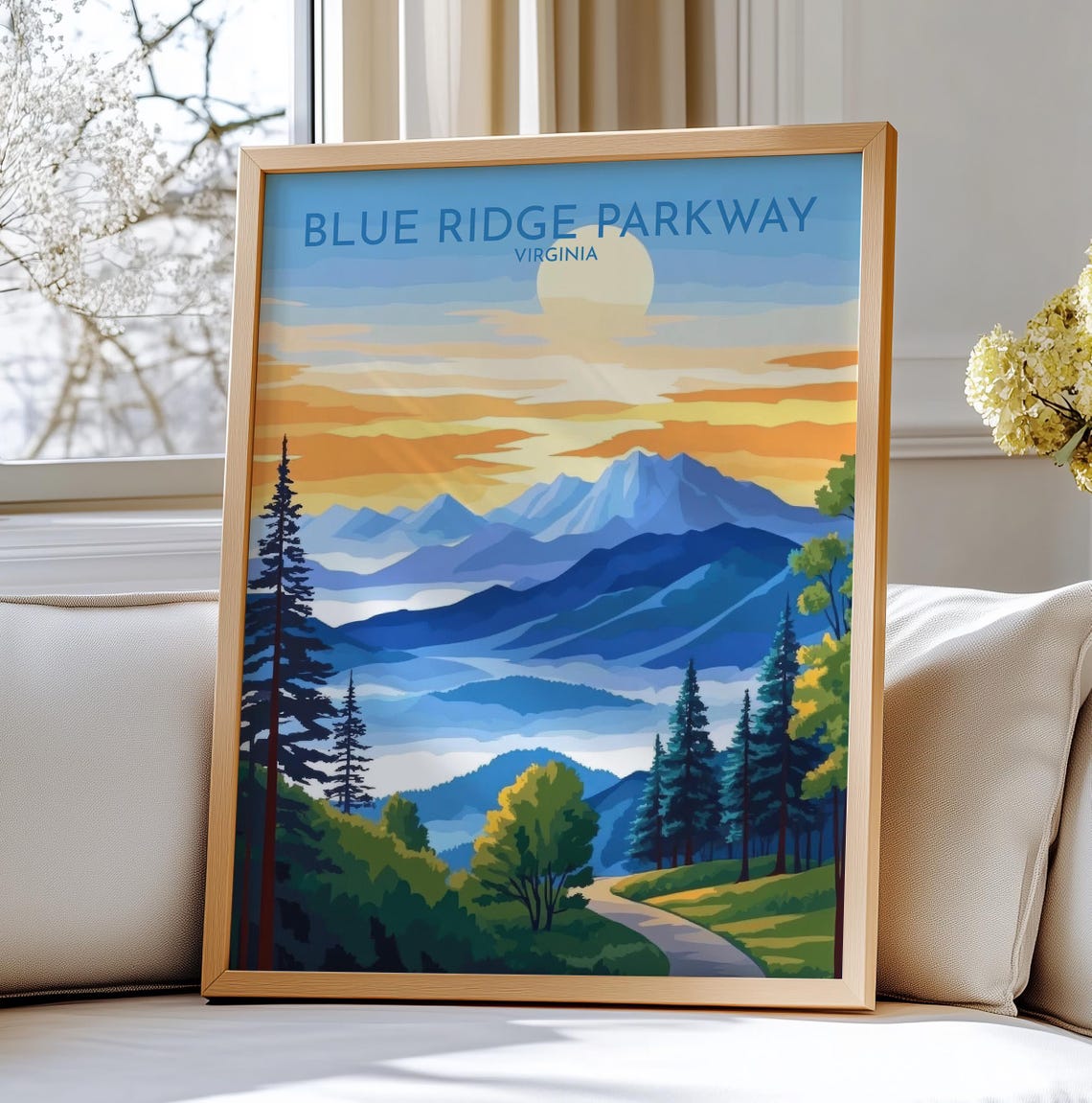 Blue Ridge Parkway Virginia Travel Poster with Sunrise Mountain View
