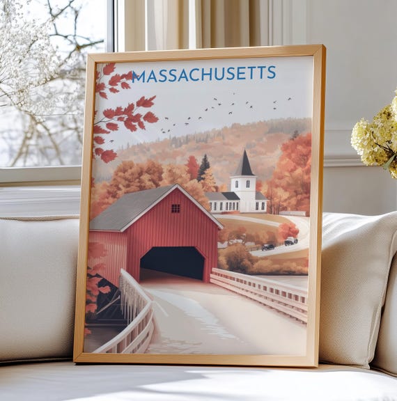Massachusetts Usa Travel Print Art Red Covered Bridge With Autumn Foliage