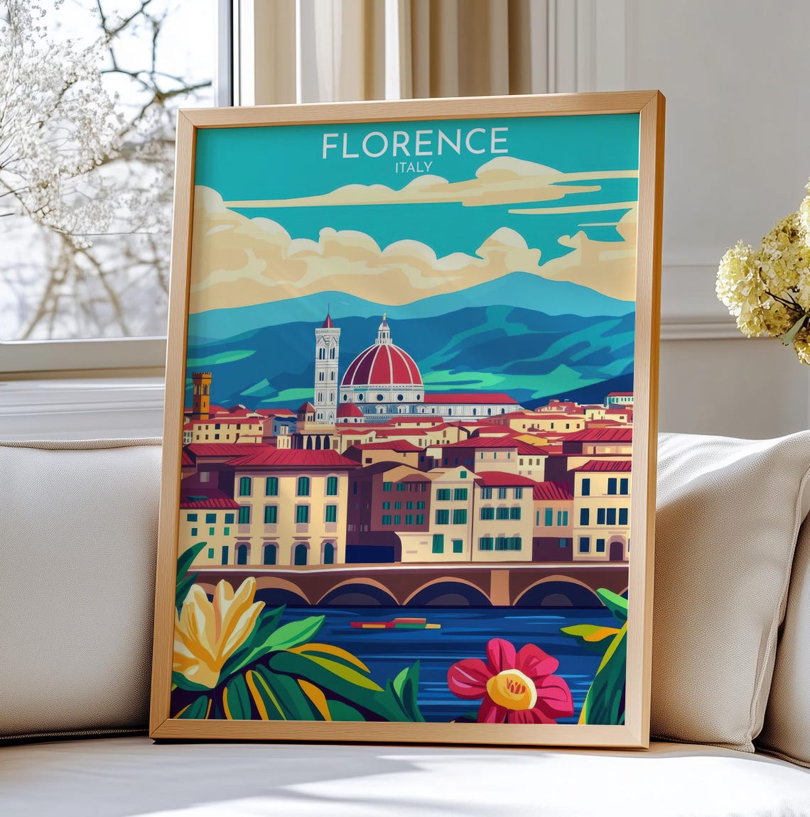 Florence Italy Travel Poster Duomo Cathedral Arno River Cityscape Art