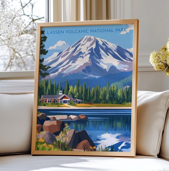 Lassen Volcanic National Vintage Park Snow Peak Lake Travel Poster