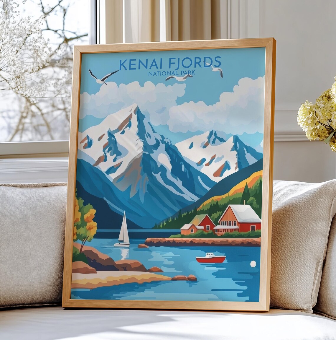 Kenai Fjords National Park Mountain Fjord Boats Travel Poster