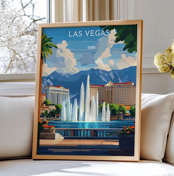 Las Vegas Nevada Bellagio Fountains Resort Vintage Travel Poster