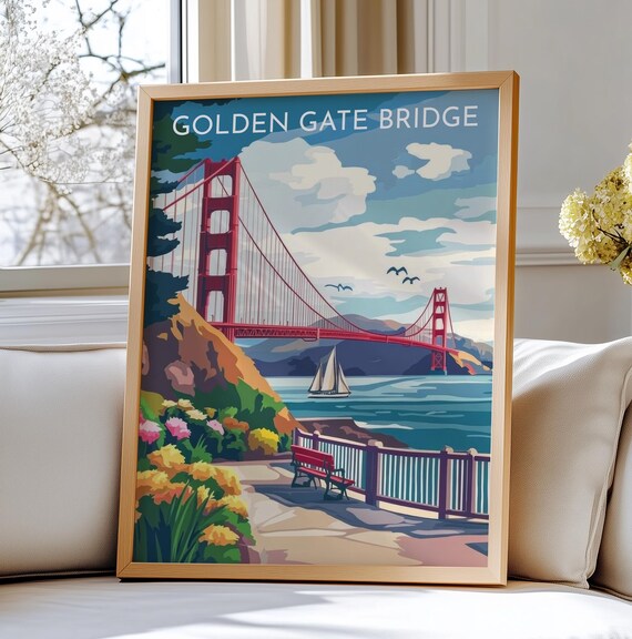 Golden Gate Bridge San Francisco Sailboat Vintage Travel Poster
