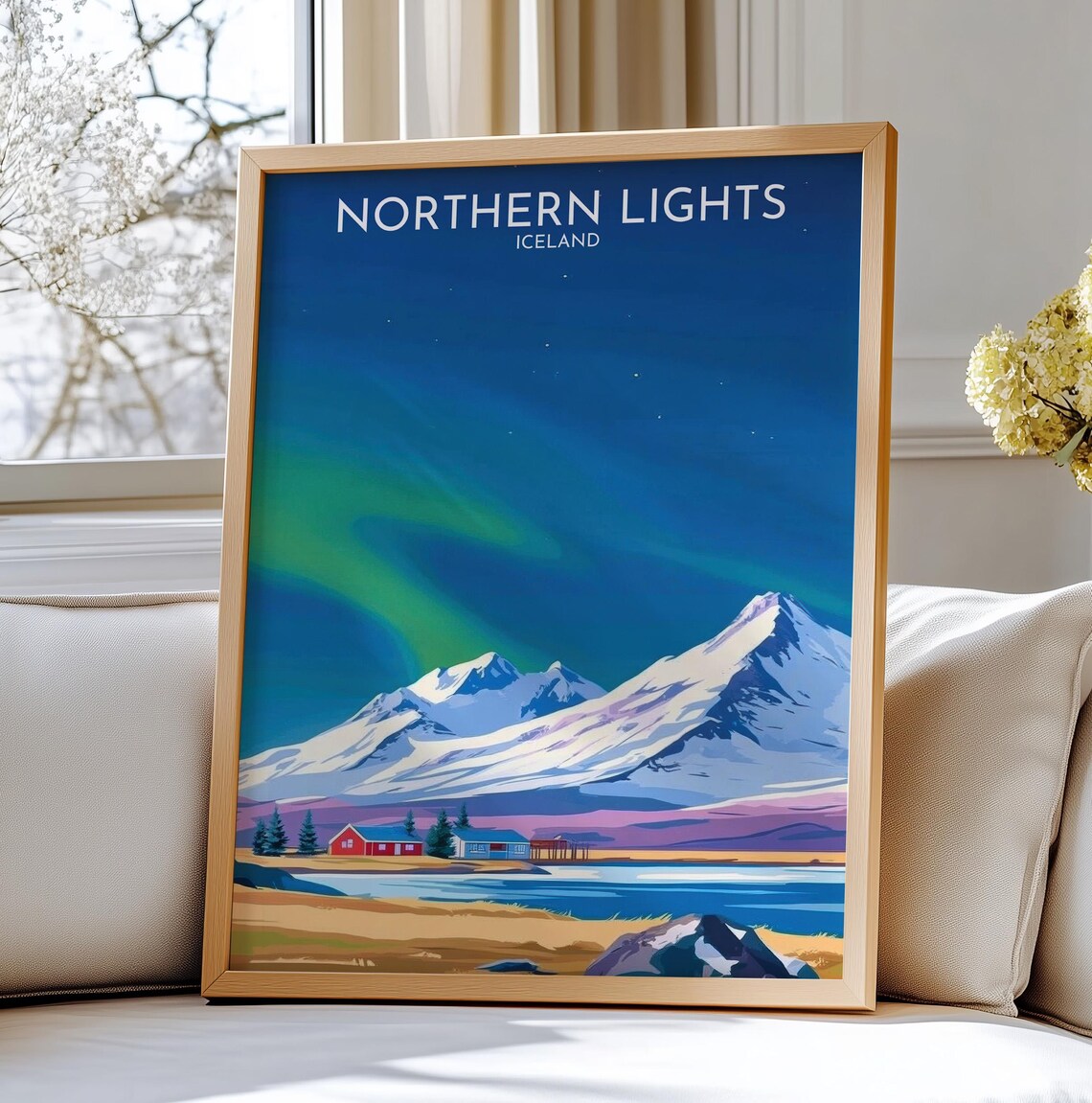 Iceland Northern Lights Snowy Mountain Peaks Cabin Travel Art Poster