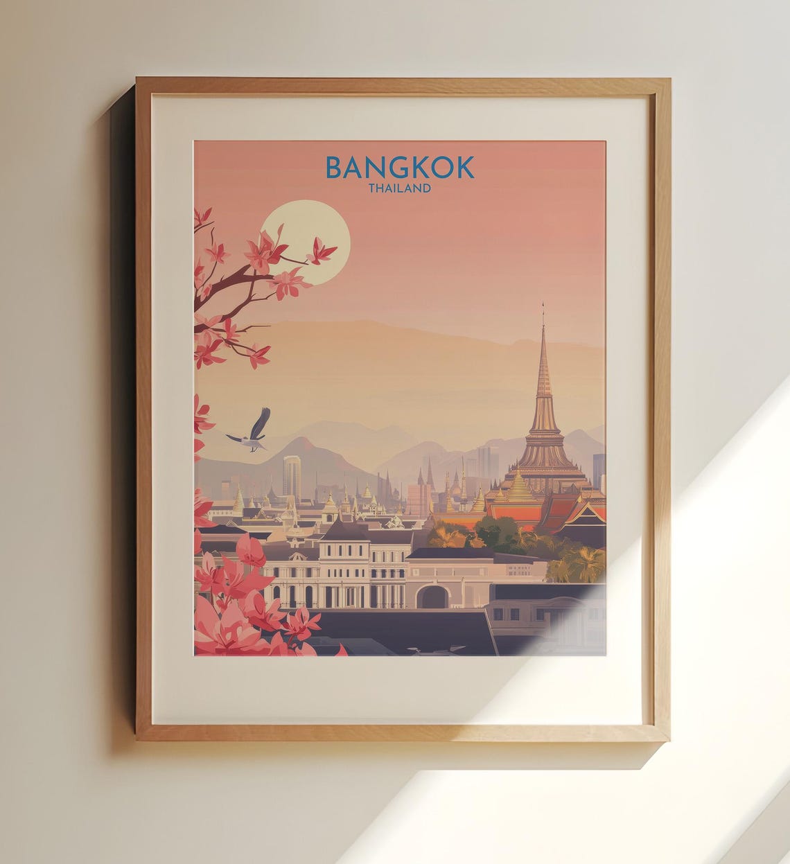 Bangkok Thailand Vintage Travel Poster Wat Arun Sunset Skyline