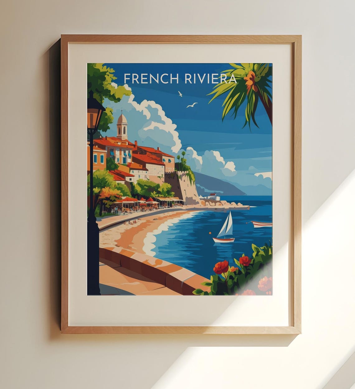 French Riviera Coast Sailboat Beach Town Vintage Travel Poster
